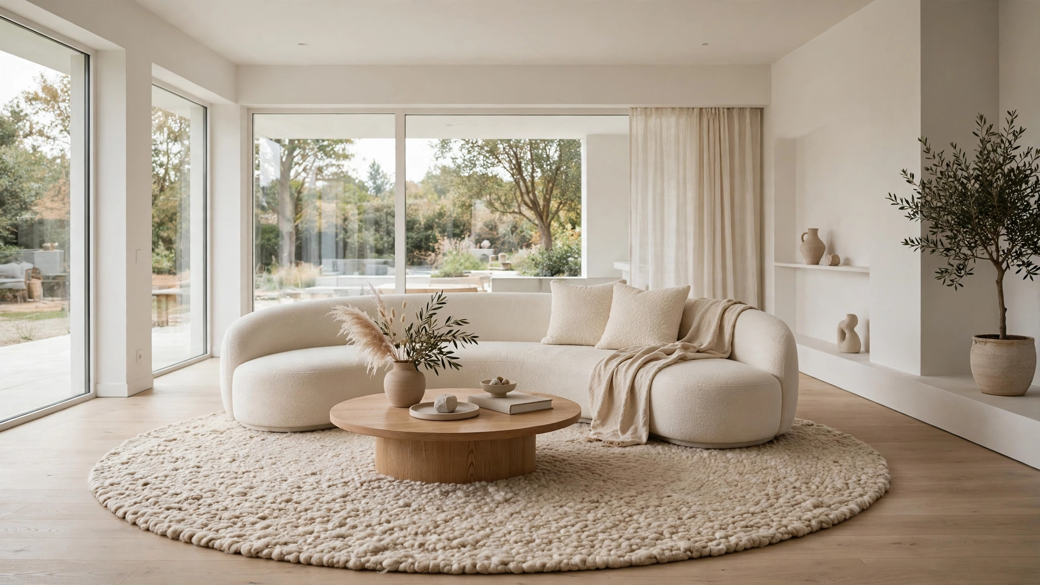 Curved sofa on large round natural wool area rug, defined seating zone
