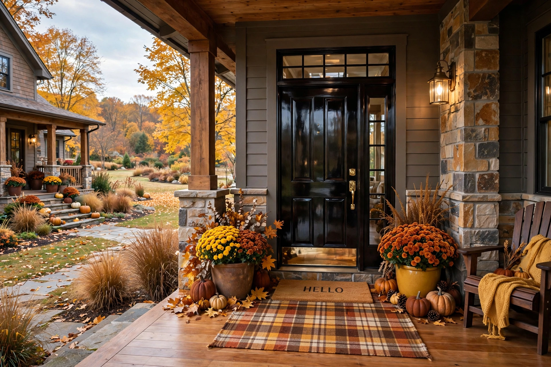 Layered fall doormat with plaid rug underneath, polished entry
