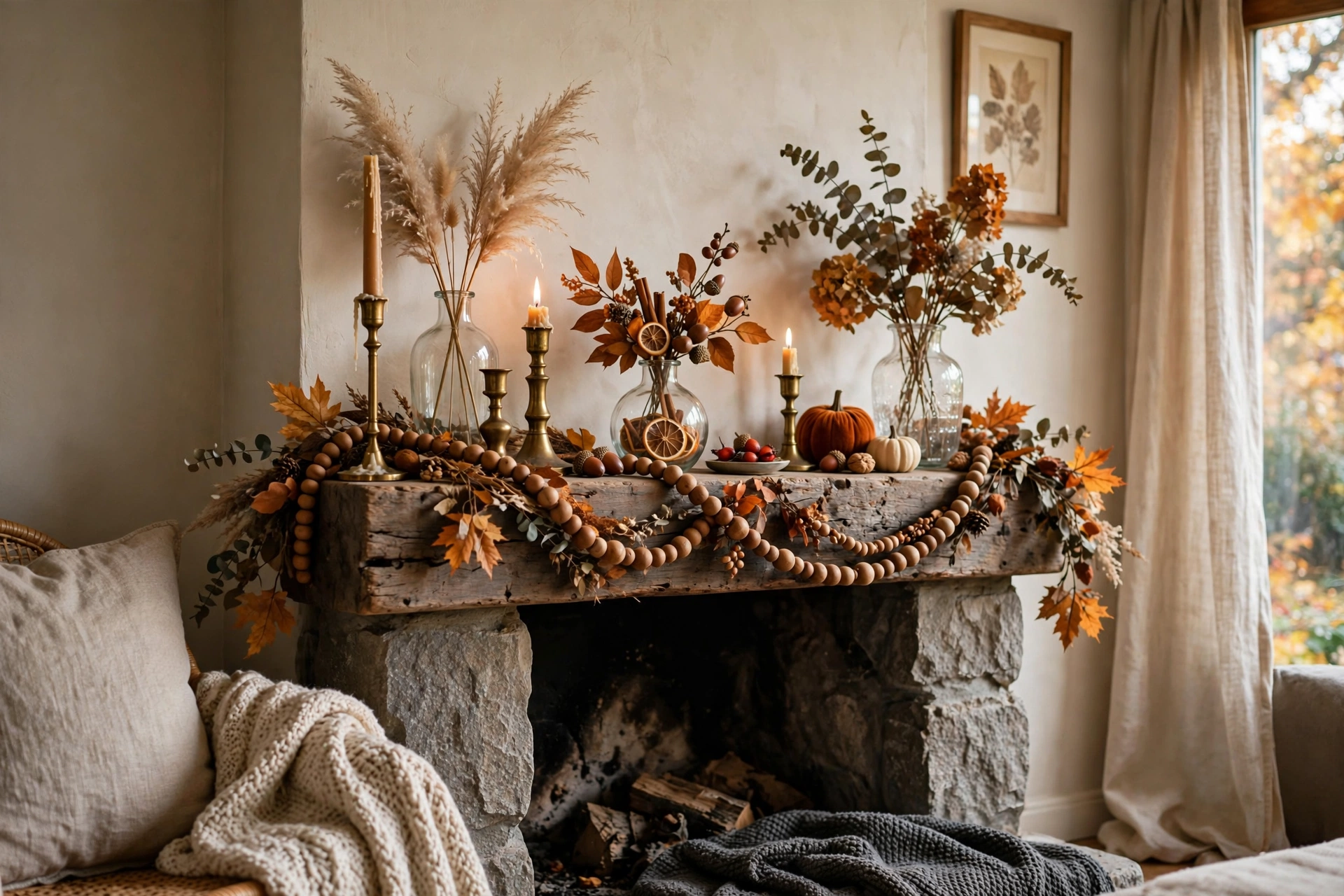 Brass candle holders with wood beads and glass vases on fall mantel