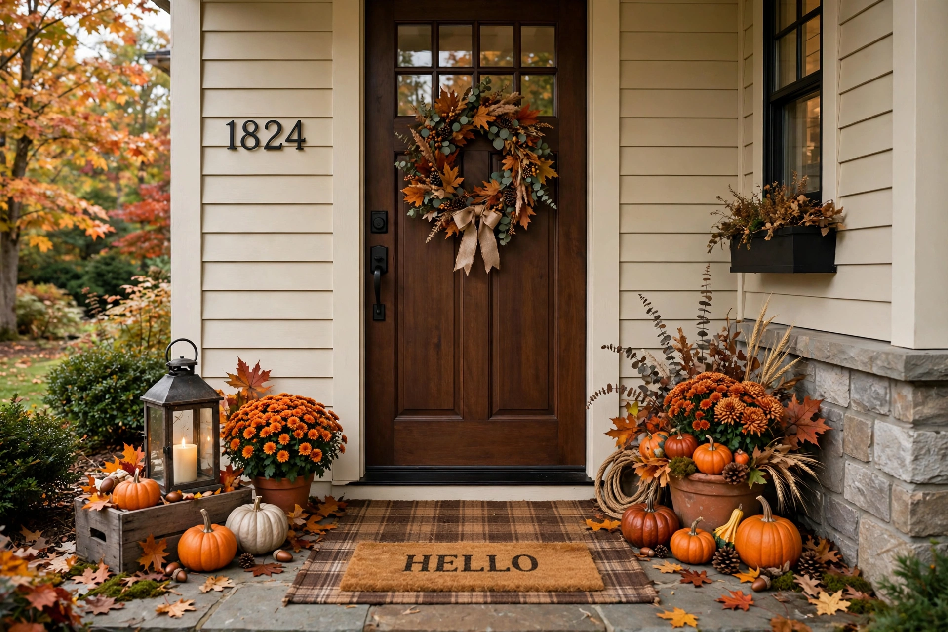 Brown plaid outdoor rug layered under coir doormat at entryway