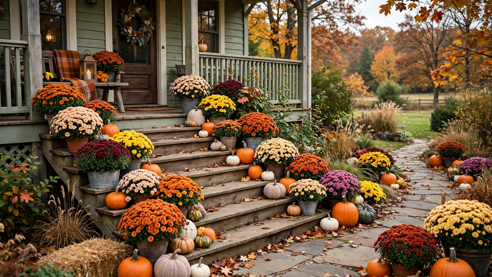Potted mums cascading down porch steps in wooden apple crates