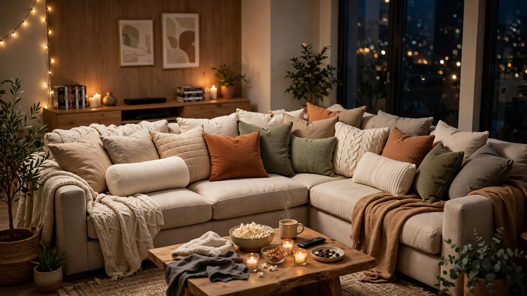 U-shaped couch piled with comfortable lumbar support pillows