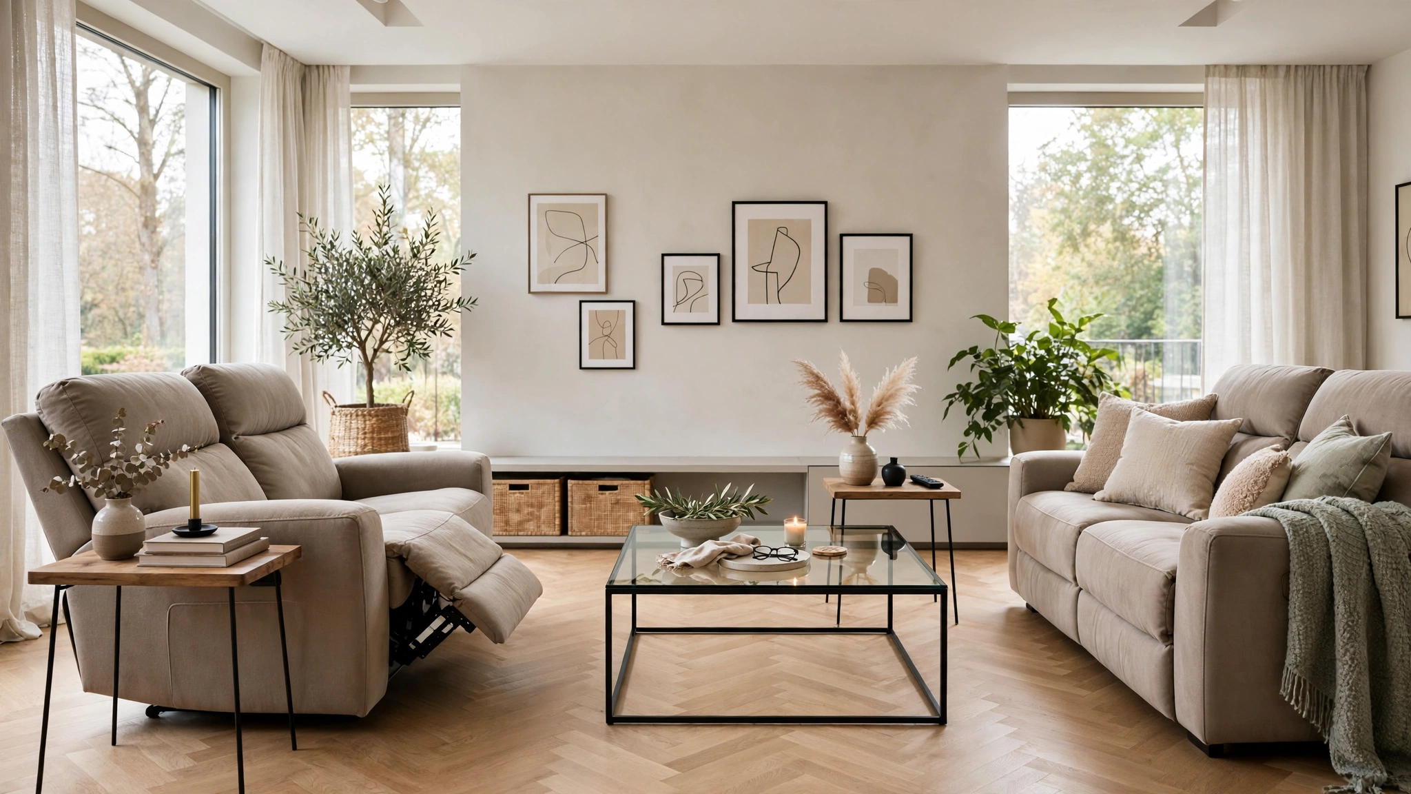Reclining sofa paired with slim side table and airy floor lamp, balanced
