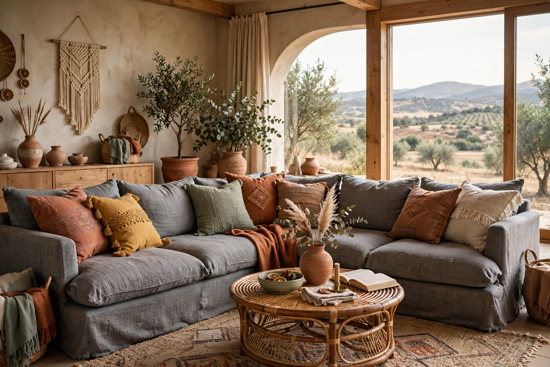 Grey boho sectional with terracotta mustard sage earthy tone pillows