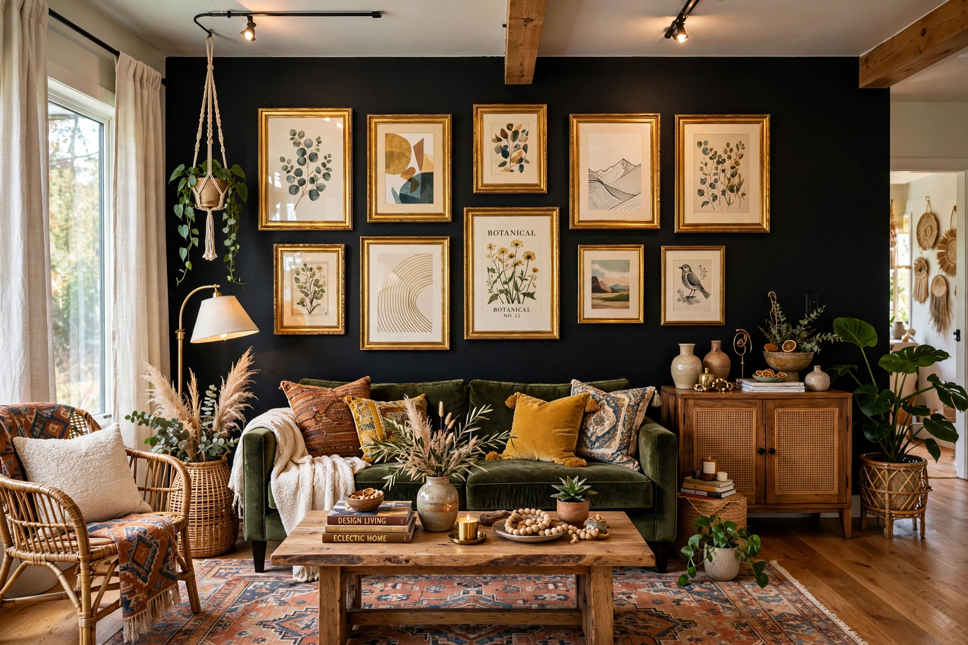 Black accent wall with gallery of gold framed art prints