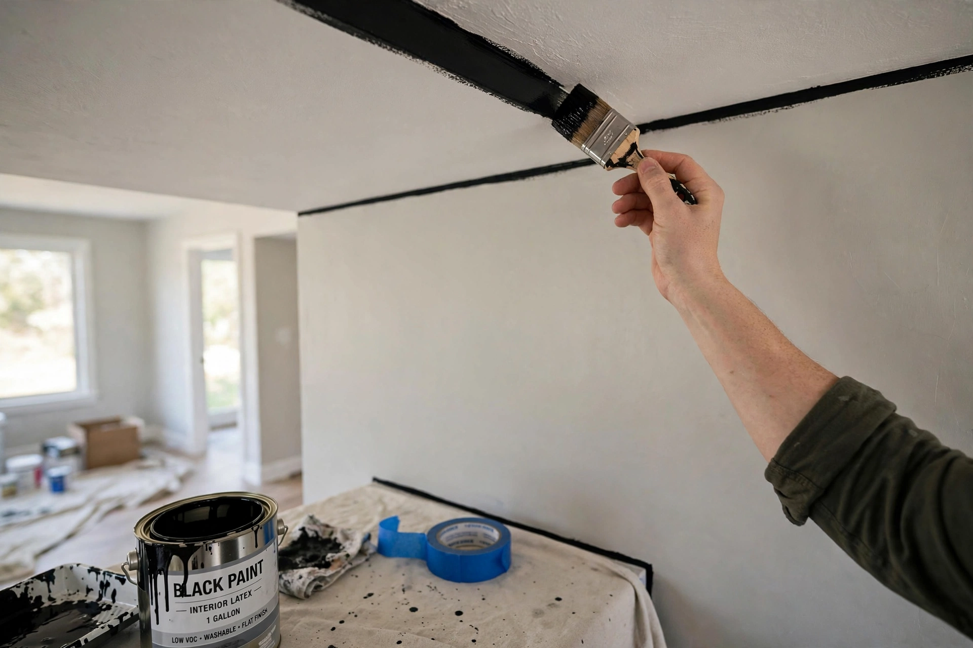 Angled paint brush cutting in clean edges on black wall