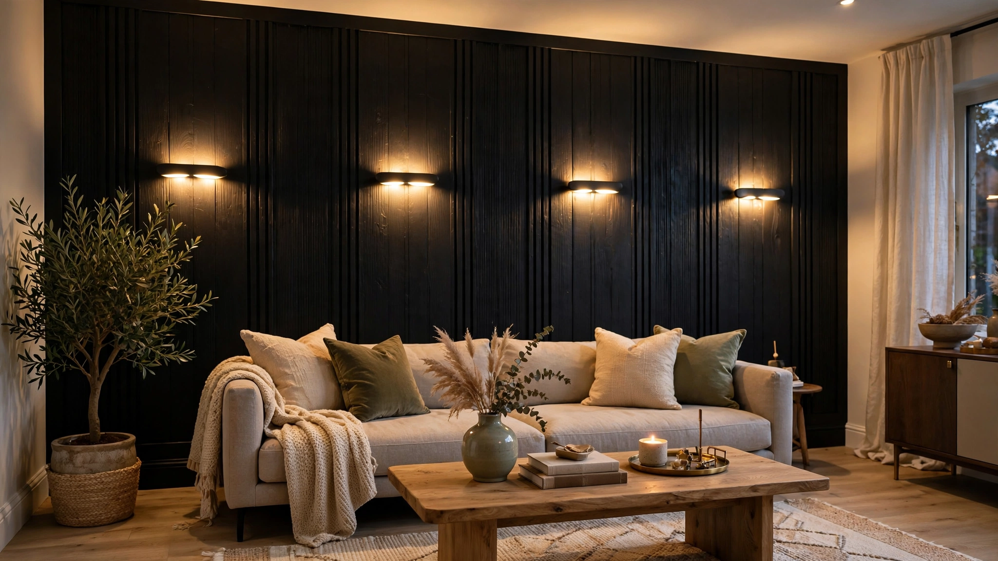 Warm white wall sconces lighting a black accent wall, cozy glow