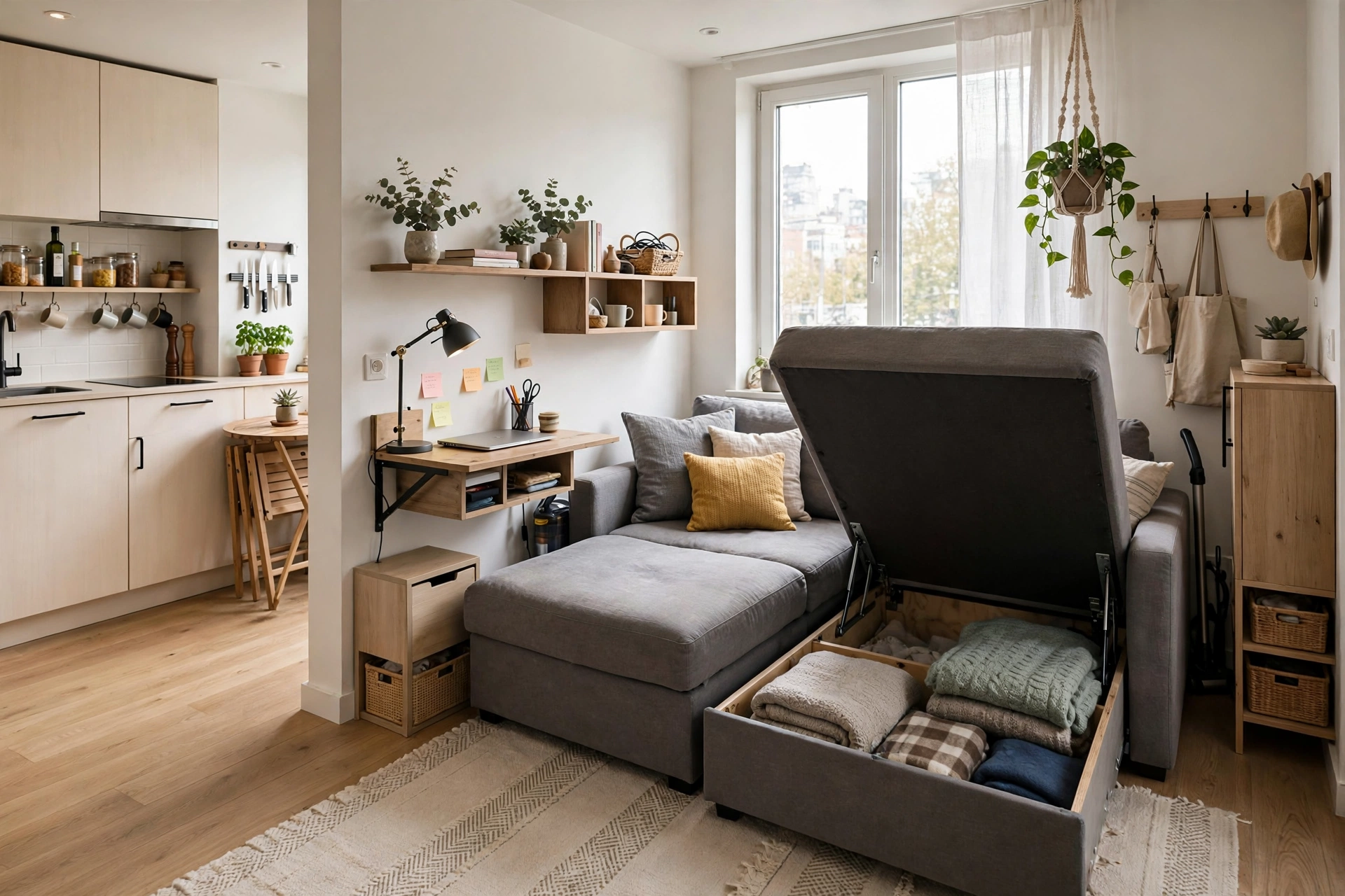 Storage sectional sofa with open chaise compartment, clever small apartment furniture