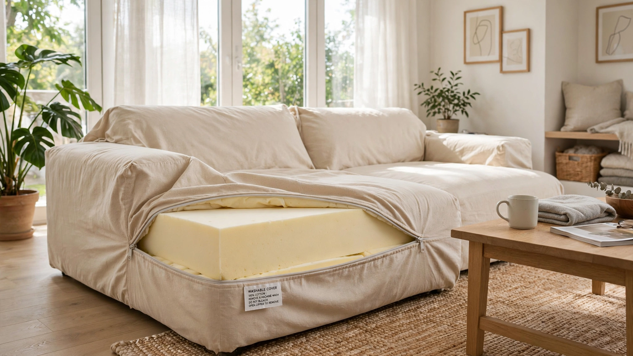Boneless foam sofa with removable washable covers, practical furniture detail