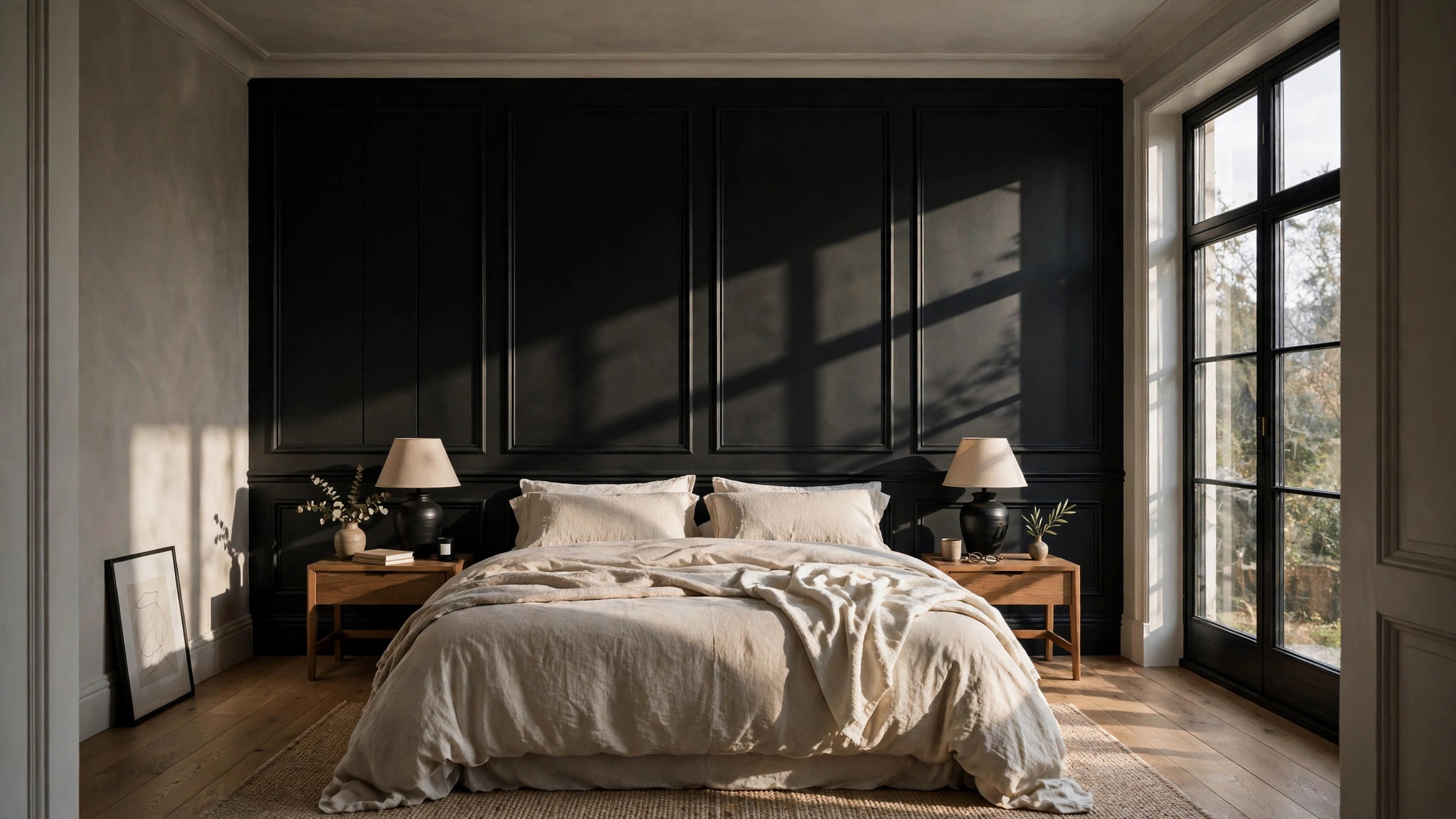 Bedroom with black board and batten wall, architectural shadows