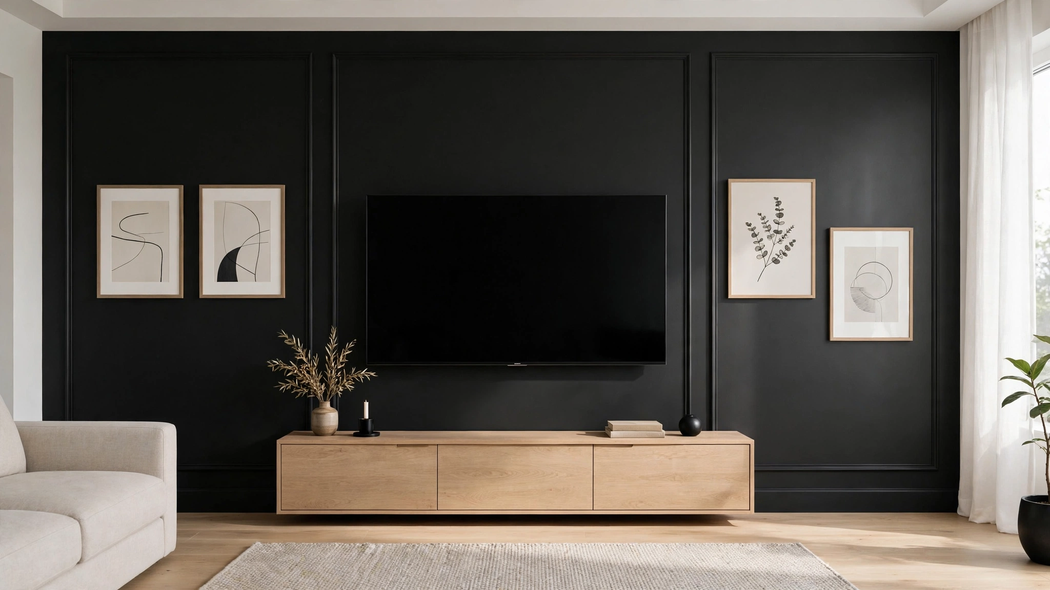 Minimalist decor on black TV wall, clean sophisticated look