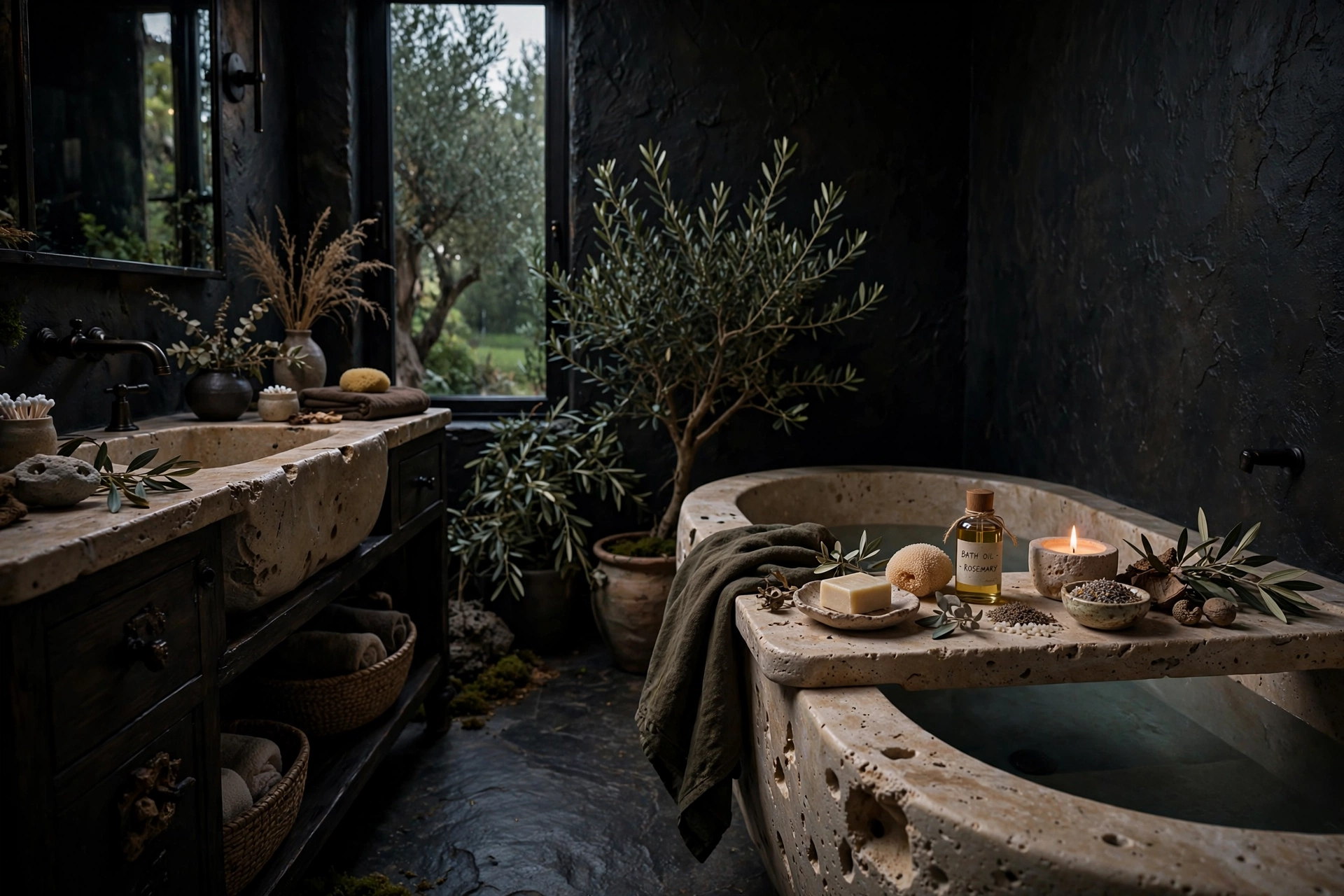 Travertine stone tray and accessories in dark moody bathroom