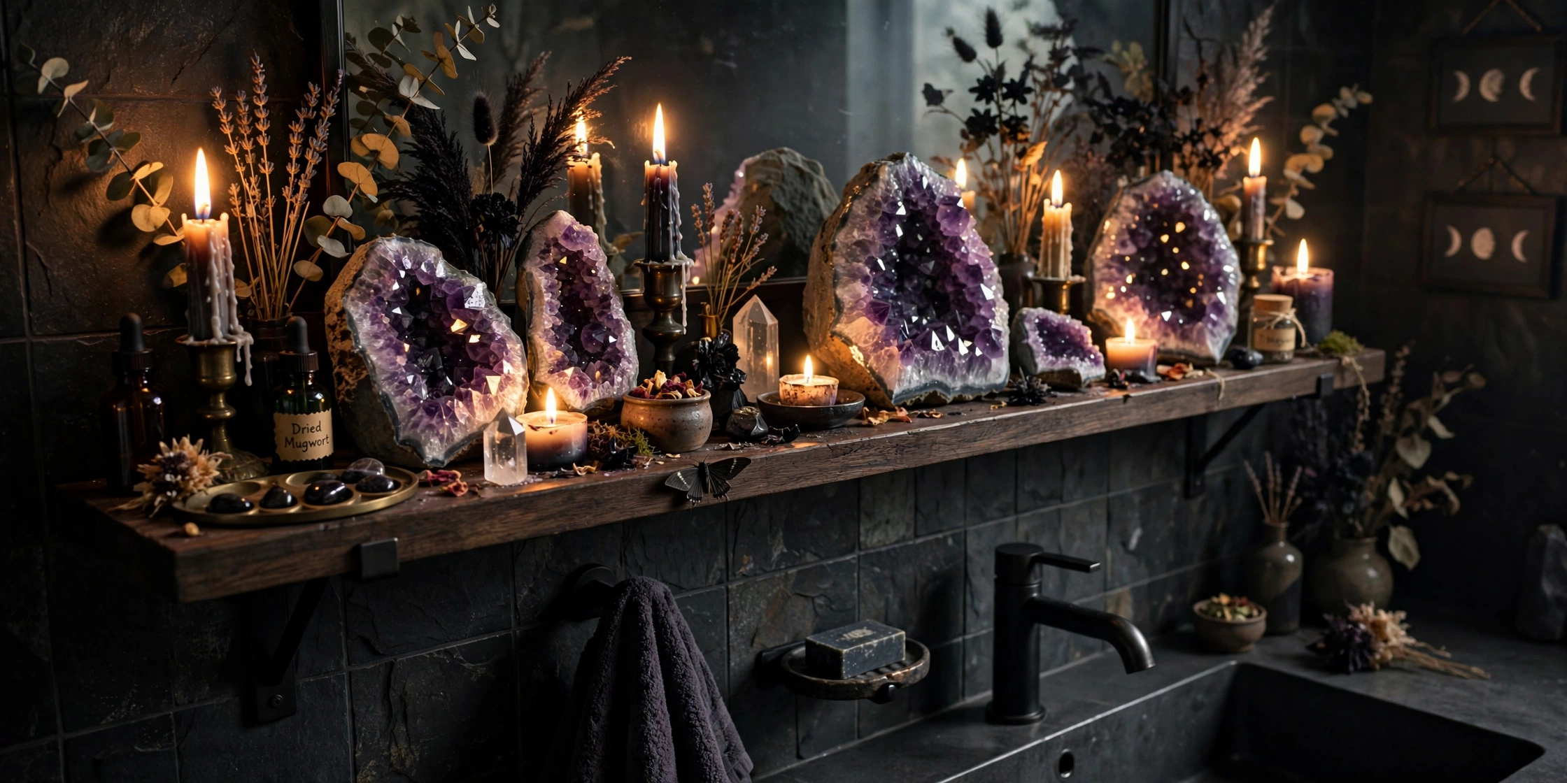 Amethyst crystal clusters on shelf in whimsigoth bathroom