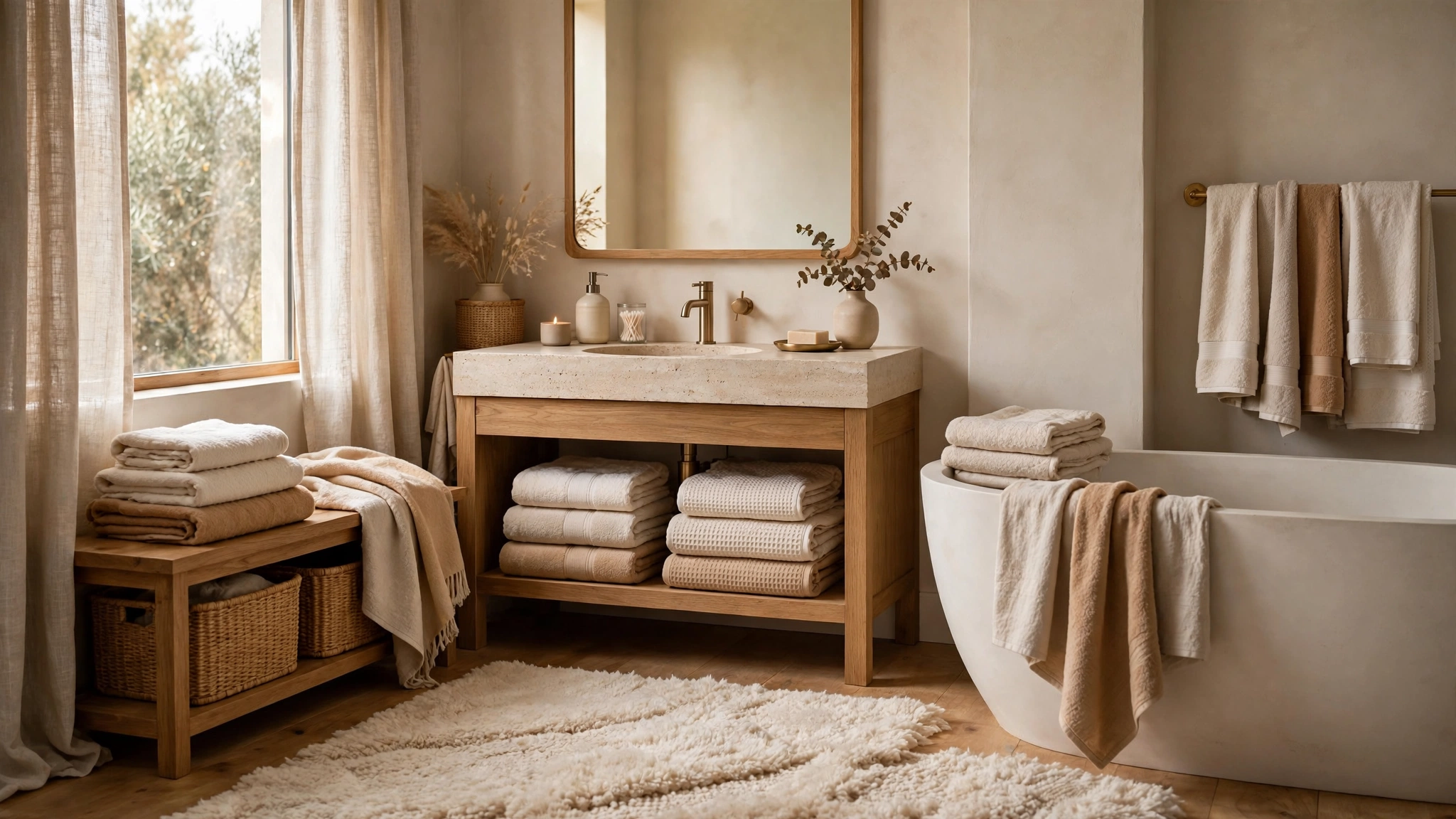 Turkish cotton towels and plush rug in warm neutral bathroom