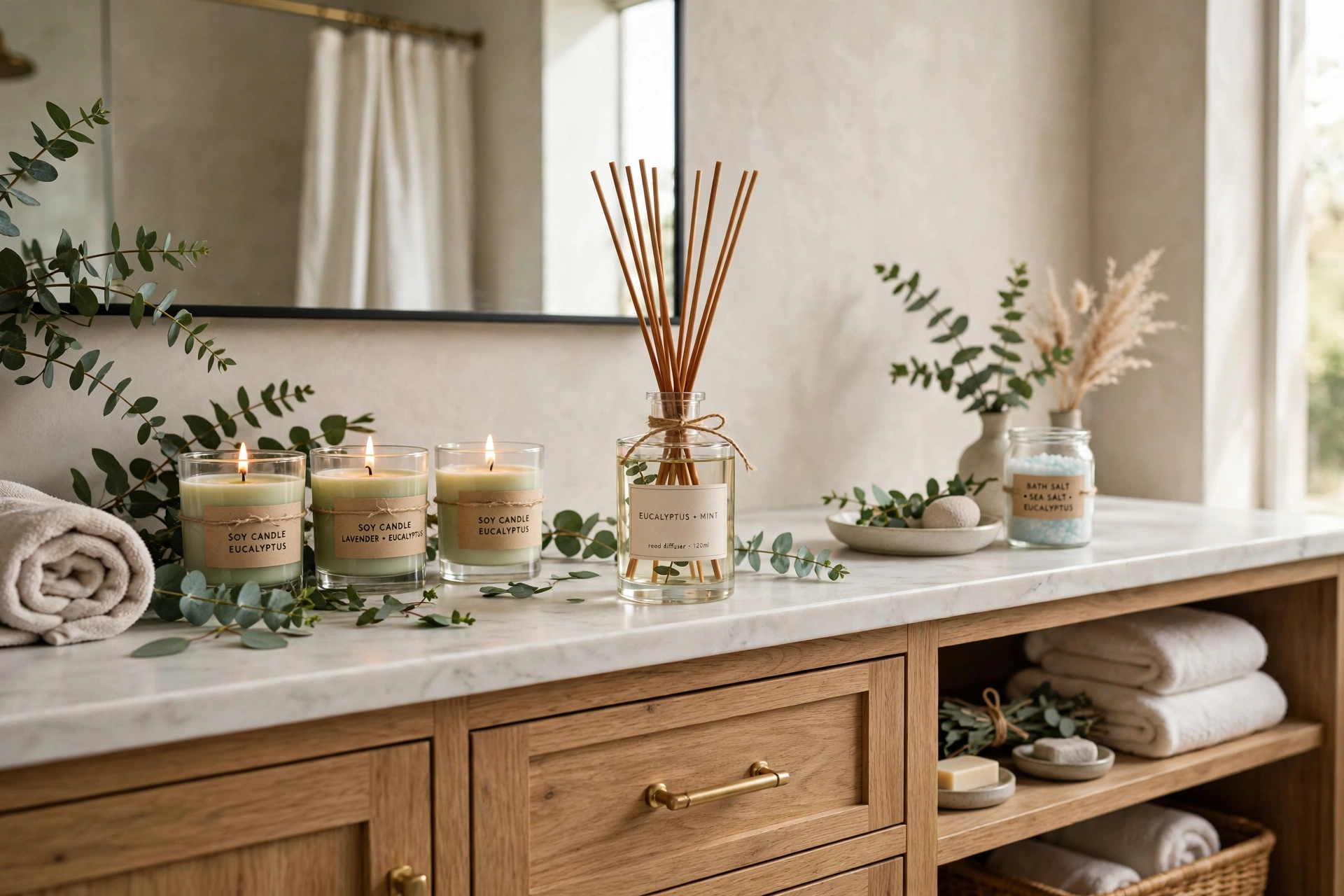 Eucalyptus soy candles and diffuser in apartment bathroom spa
