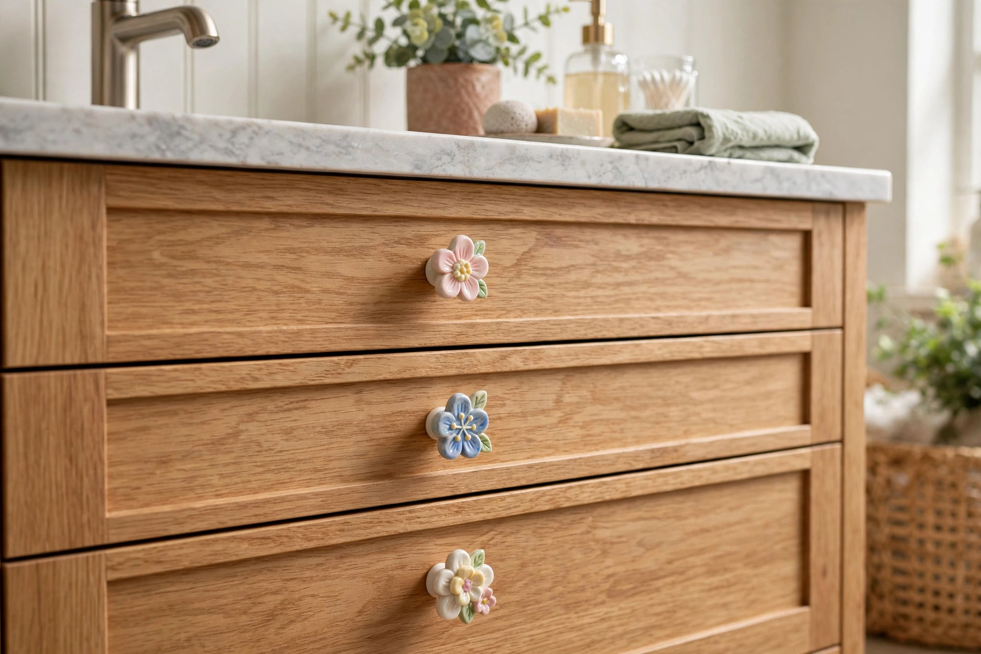 Ceramic floral cabinet knobs on bathroom vanity, tiny upgrade