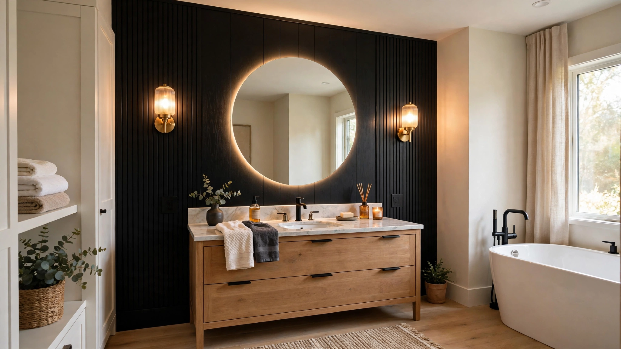 Warm vanity light fixture in bathroom with black accent wall, cozy brightness
