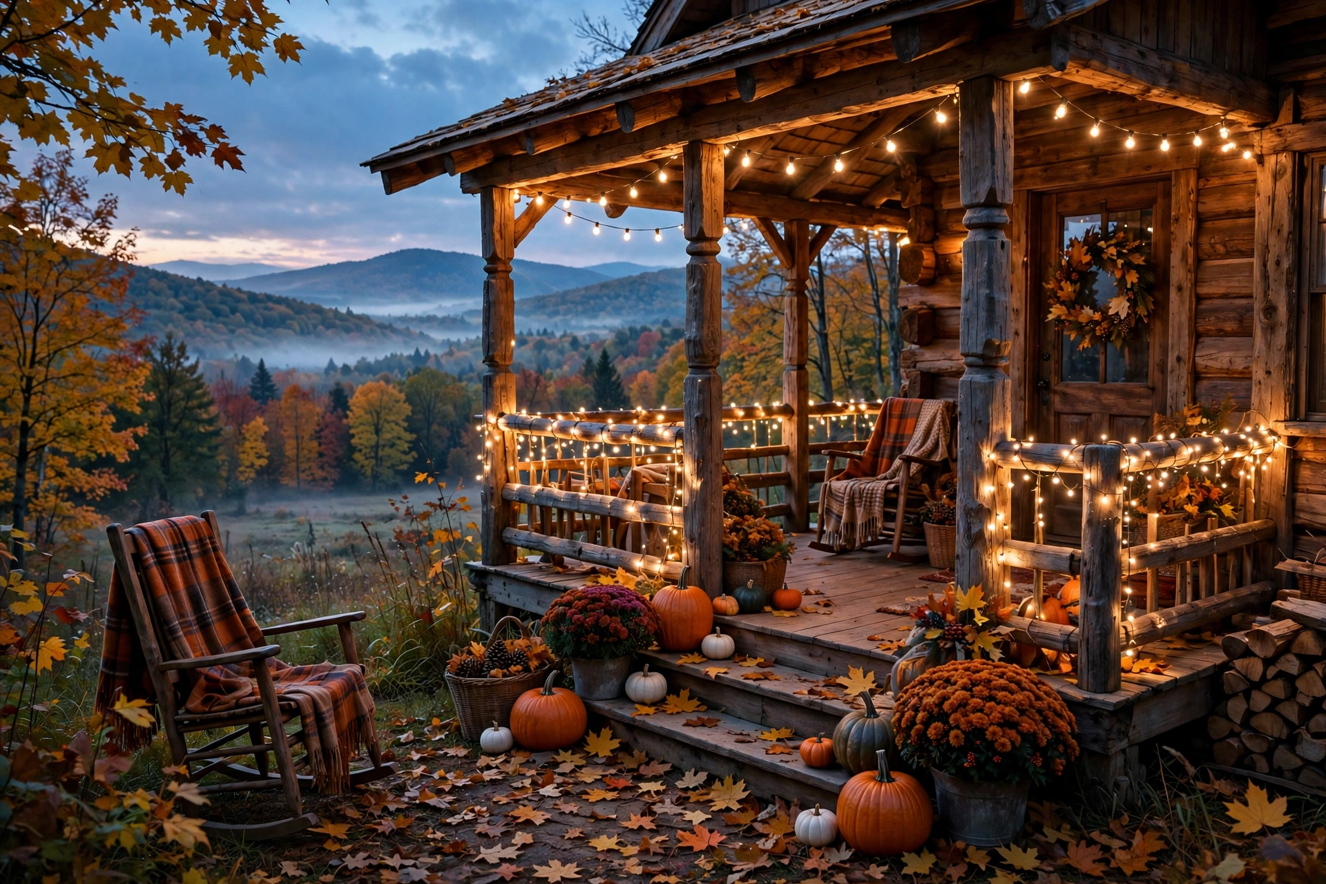 Warm outdoor string lights glowing on rustic fall porch at dusk