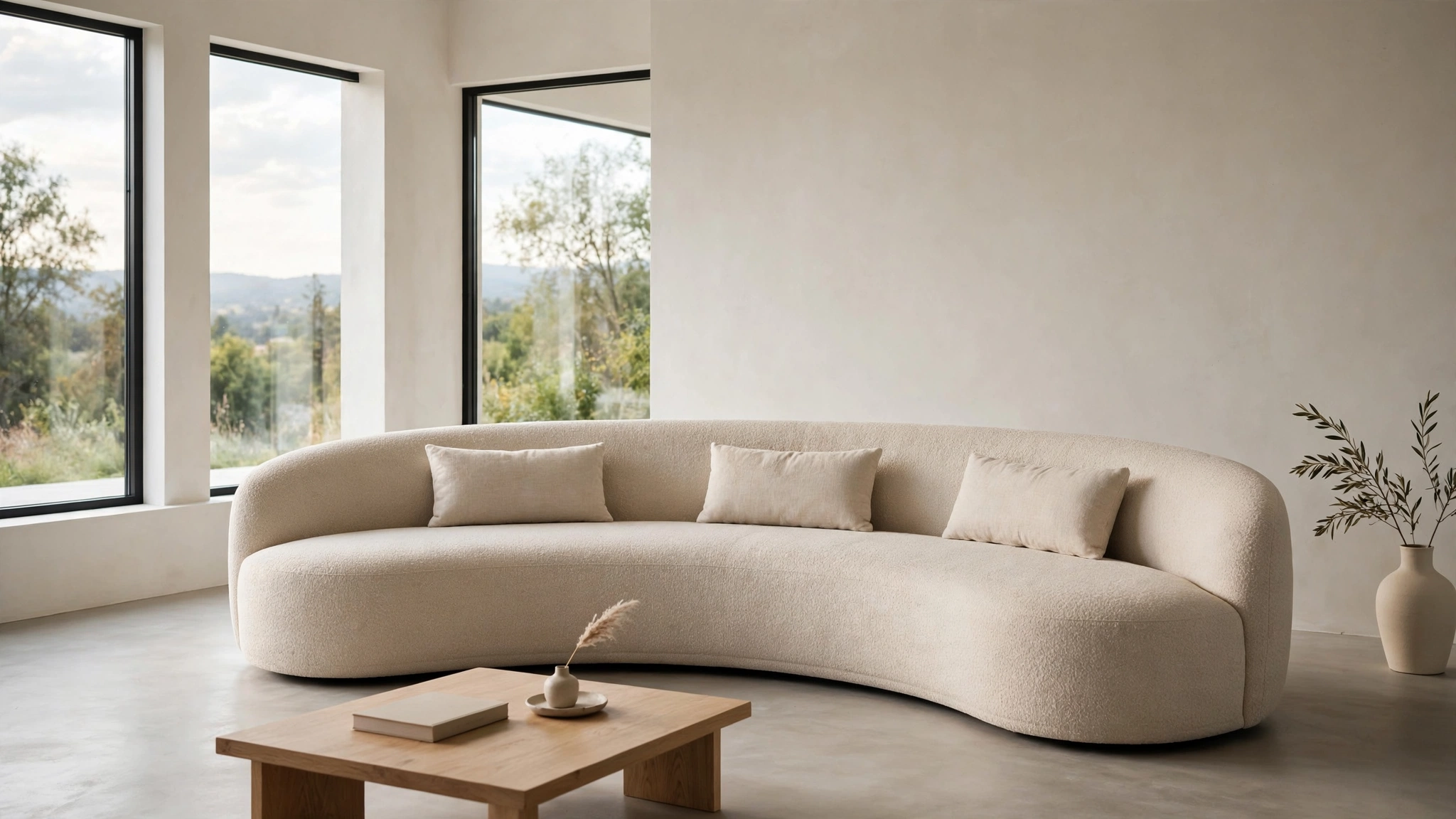 Curved sofa with three minimalist lumbar pillows following the back curve