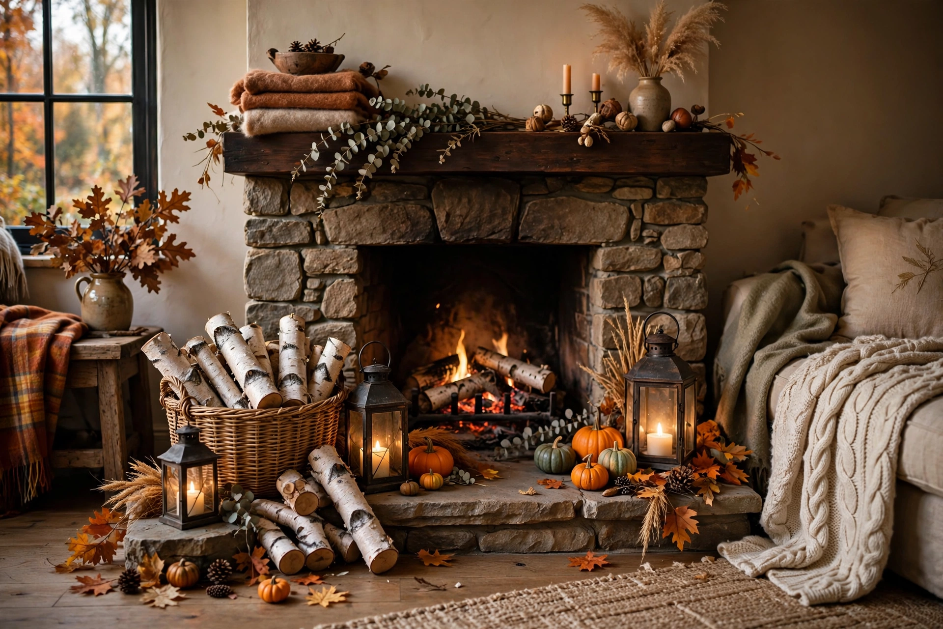 Woven basket of birch logs in fireplace hearth below styled mantel