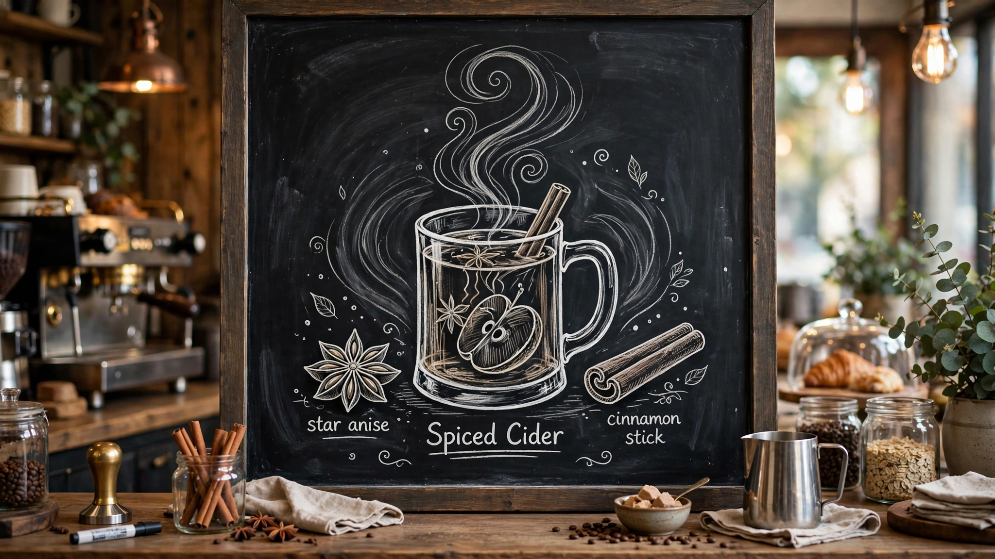 Maple leaf and vine border drawn on fall chalkboard edges, polished framing