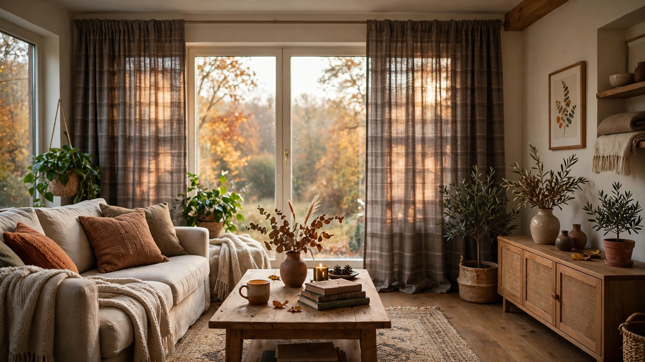 Brown plaid curtain panels framing window with soft filtered light