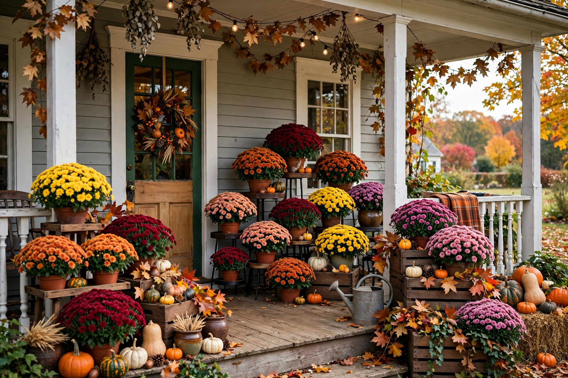 Mums layered at different heights on tiered outdoor plant stand