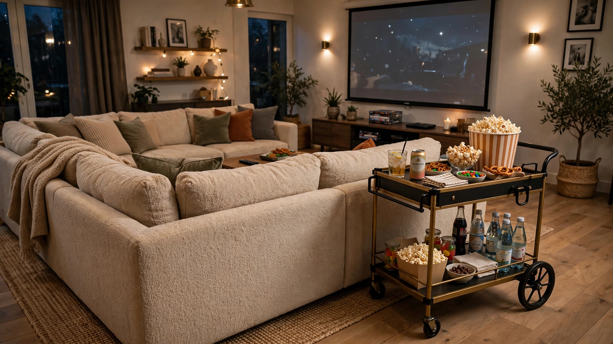 Rolling snack cart with popcorn and drinks next to U-shaped couch