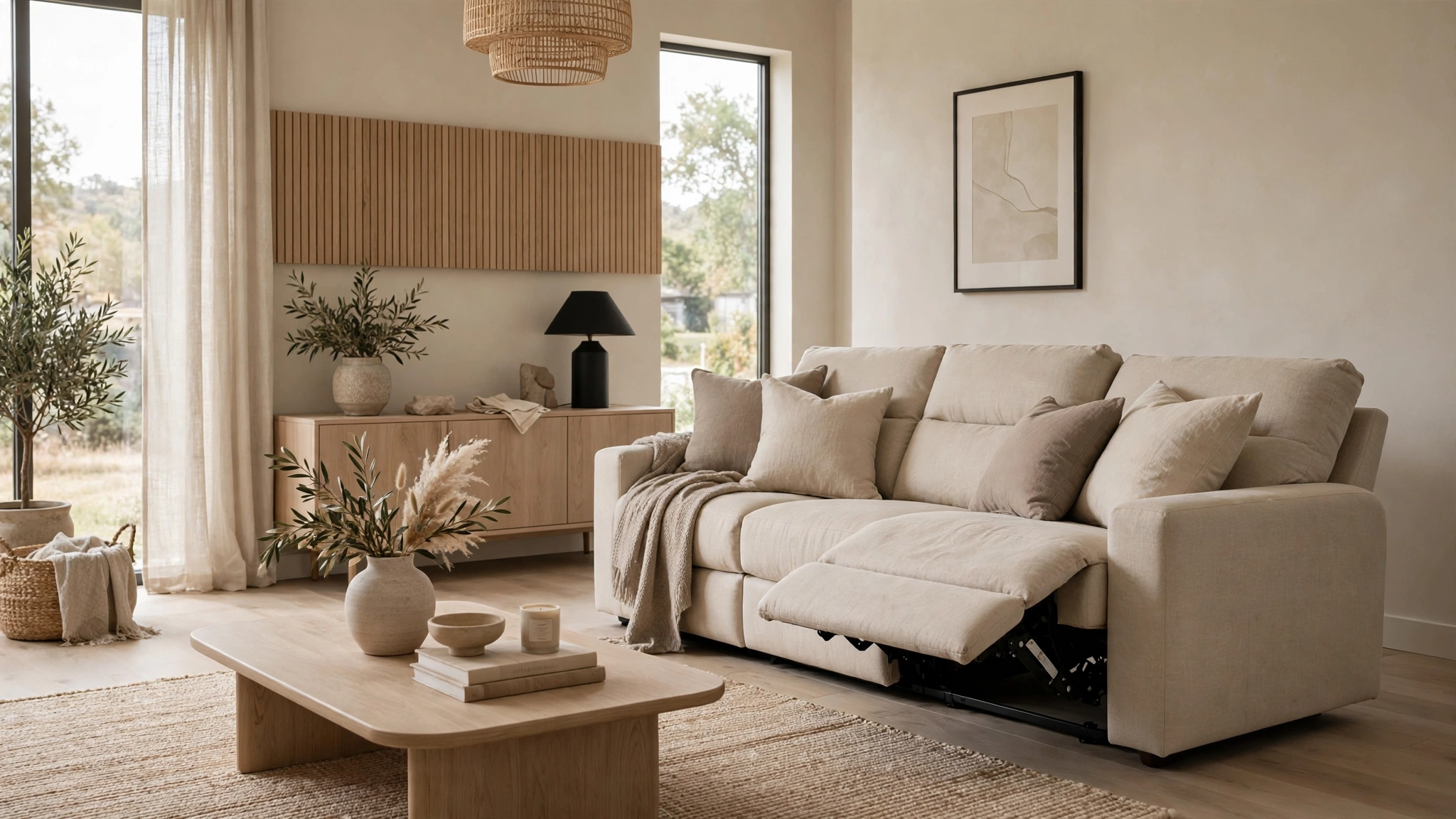 Living room with reclining sofa in cohesive neutral color palette
