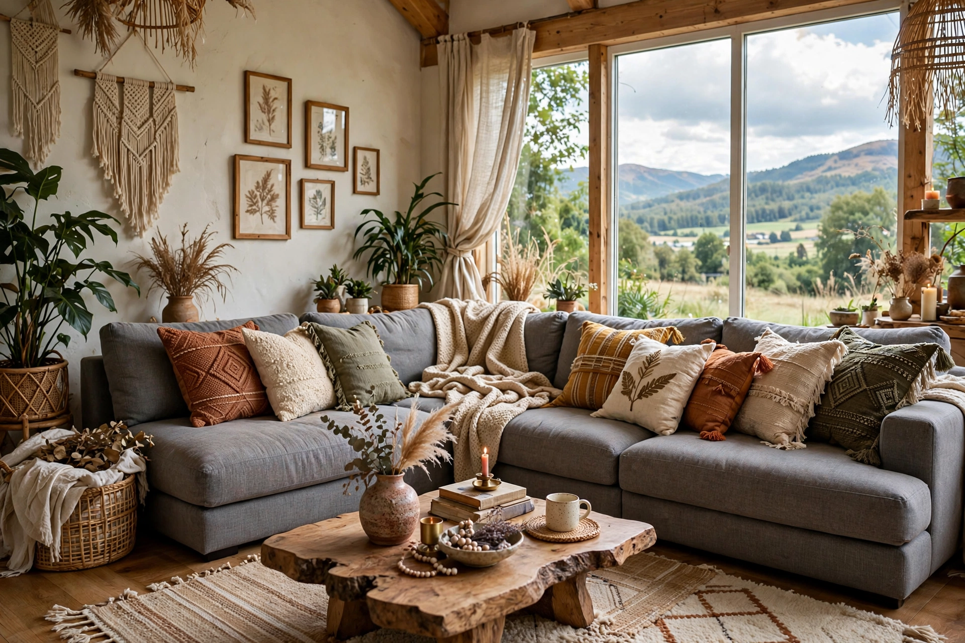 Grey sectional styled with odd number pillow groupings, natural look