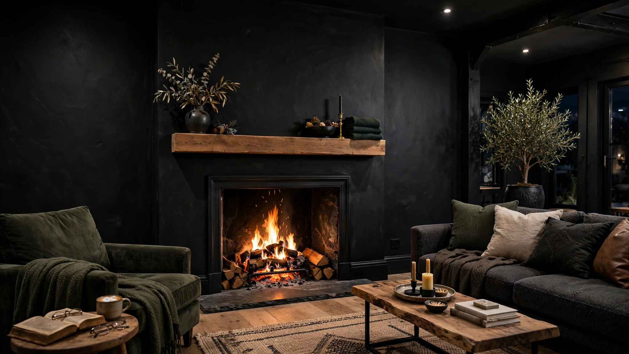 Black fireplace accent wall with wood mantel, cozy focal point
