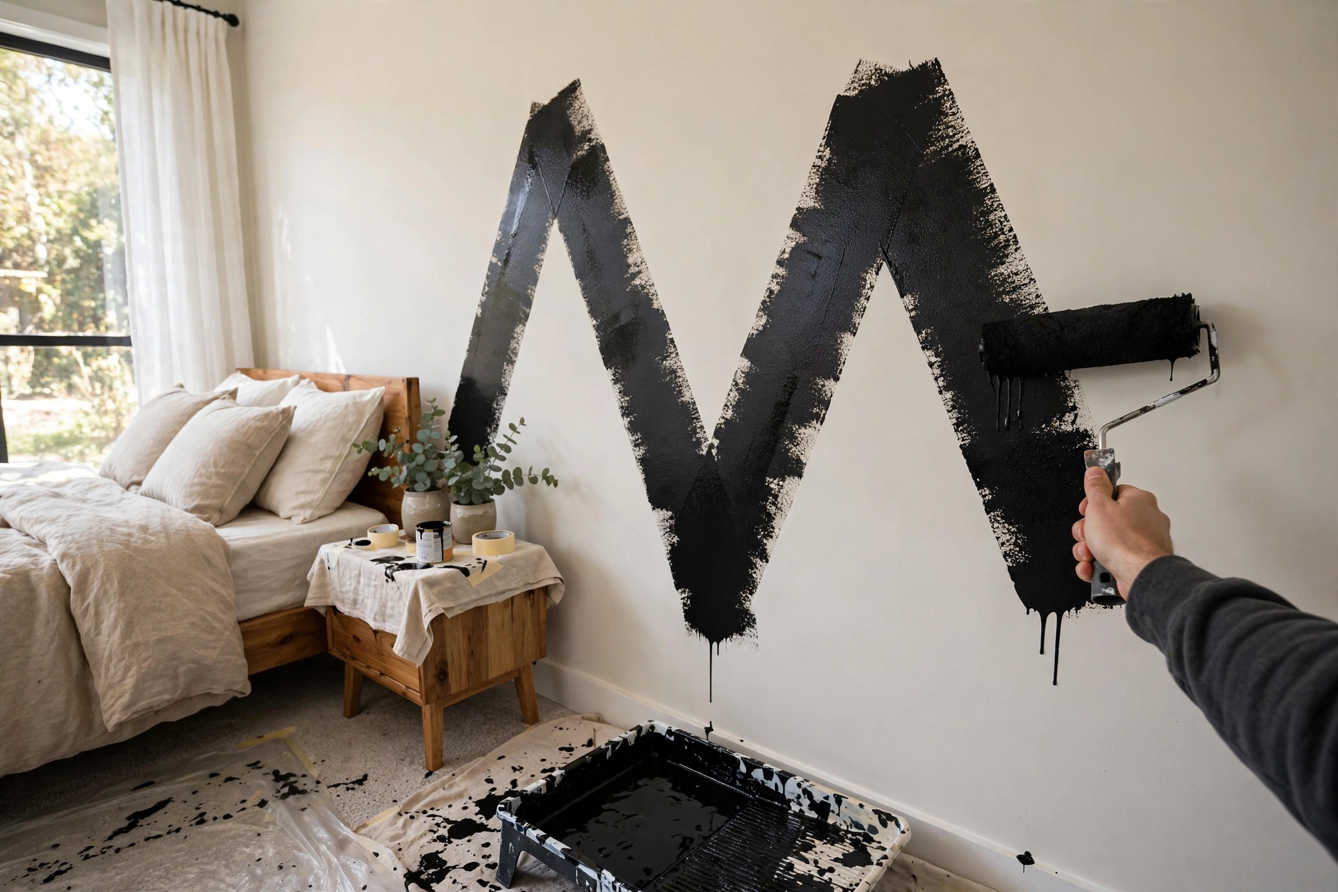 Paint roller in W pattern on black bedroom wall, streak free