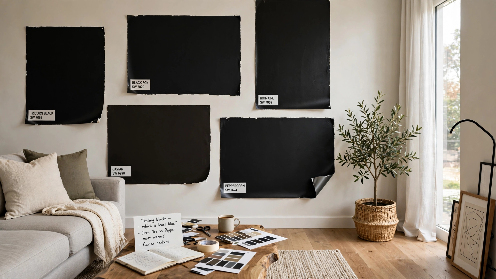 Peel and stick black paint samples on wall, testing before committing
