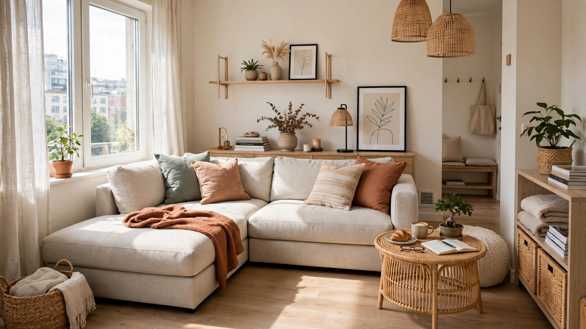 Reversible chaise sectional sofa in small apartment, flexible modern layout