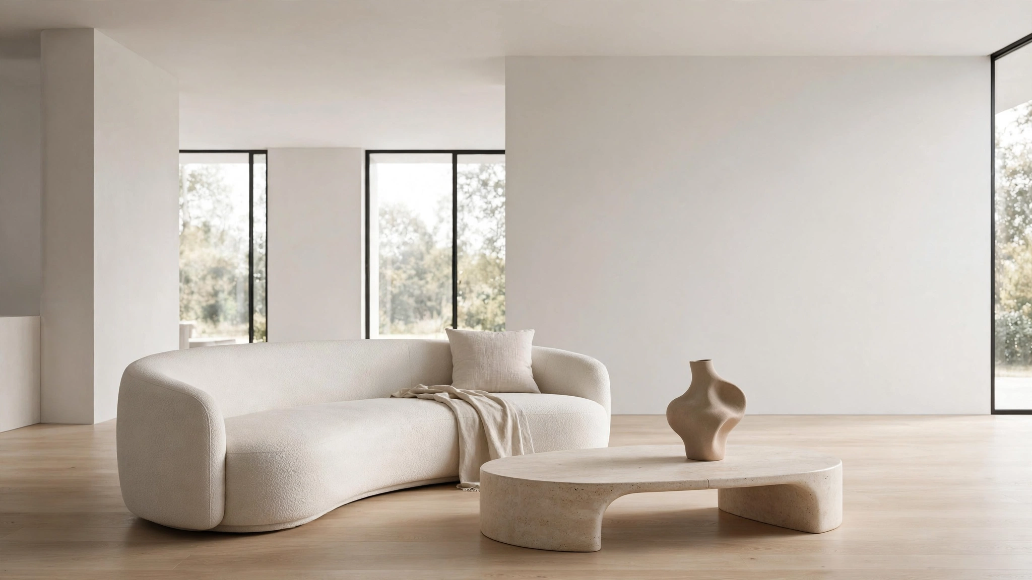 Minimalist living room with curved sofa and sculptural ceramic vase accent
