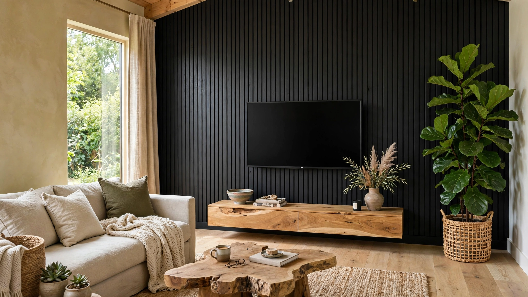 Tall fiddle leaf fig plant beside black TV wall, natural warmth