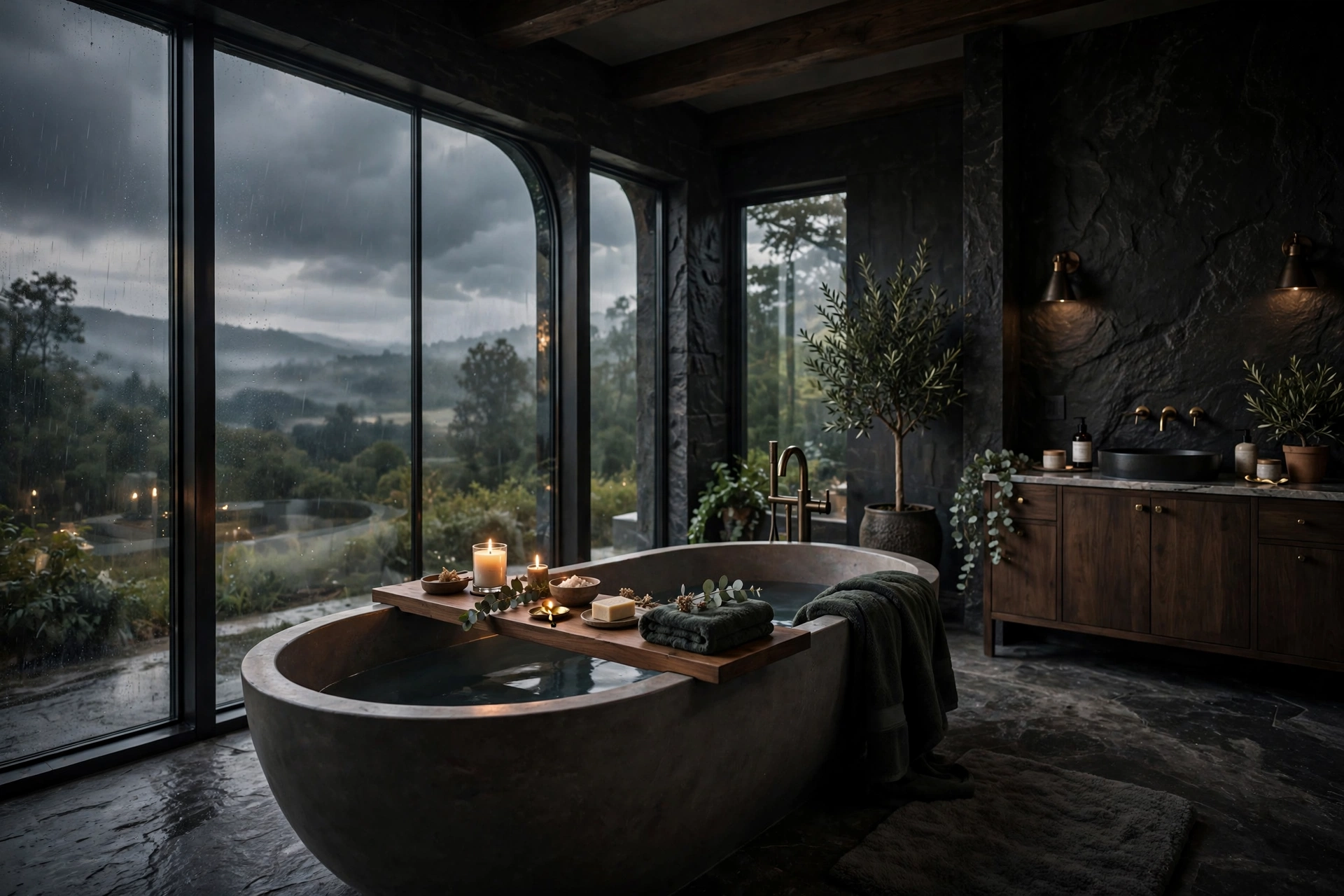 Freestanding soaking tub with tray and candle in moody bathroom