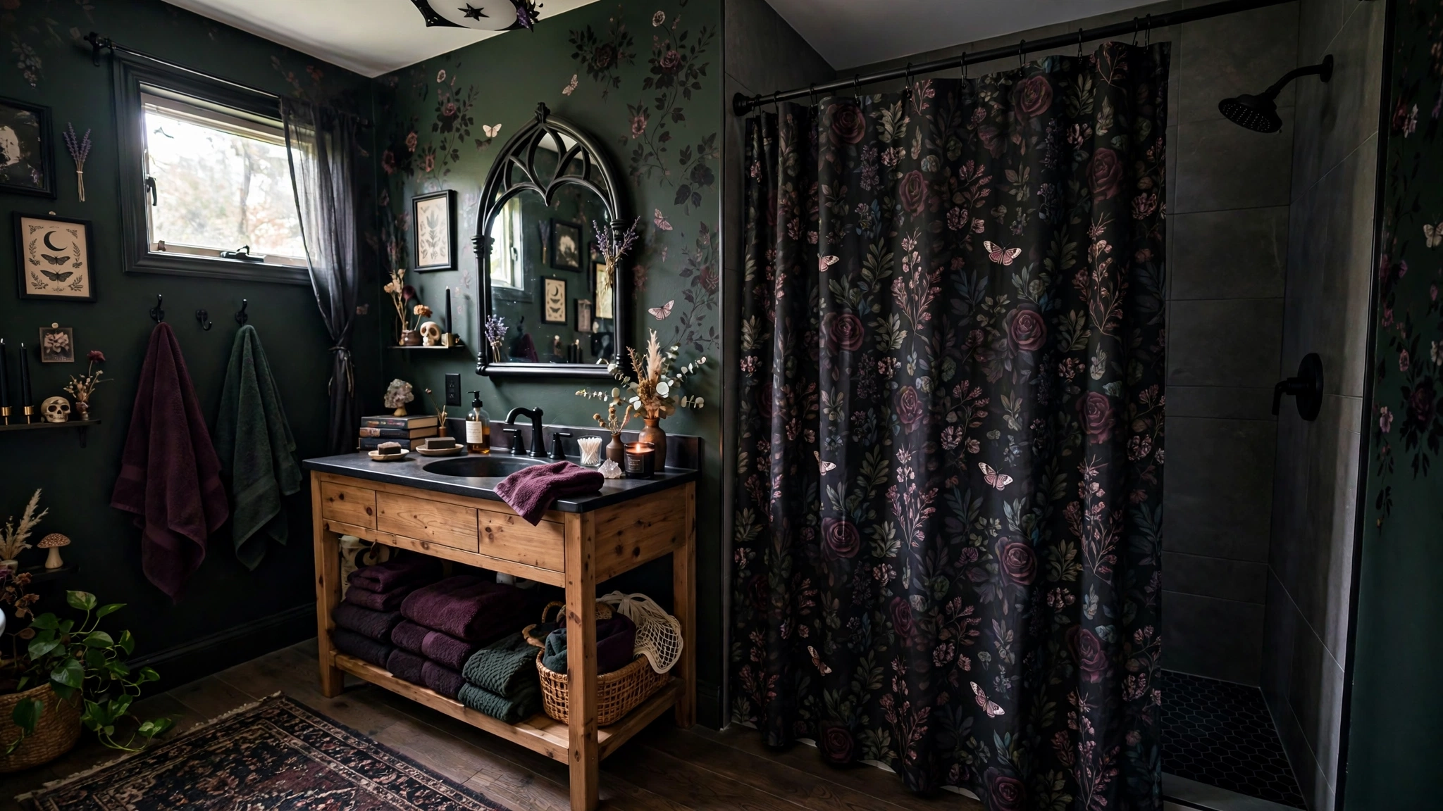 Dark floral shower curtain in whimsigoth bathroom, affordable drama