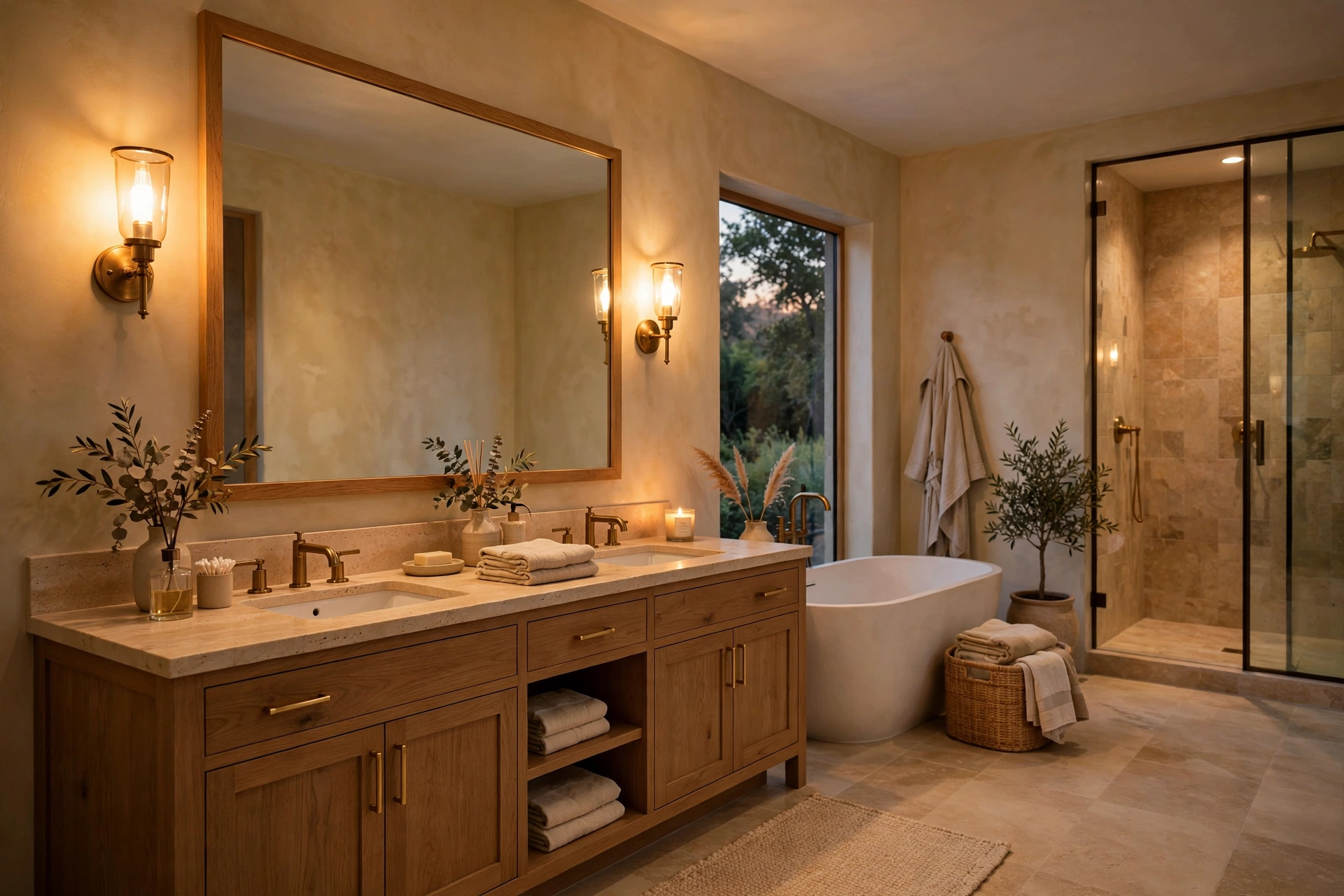 Warm white vanity sconces glowing in warm neutral bathroom