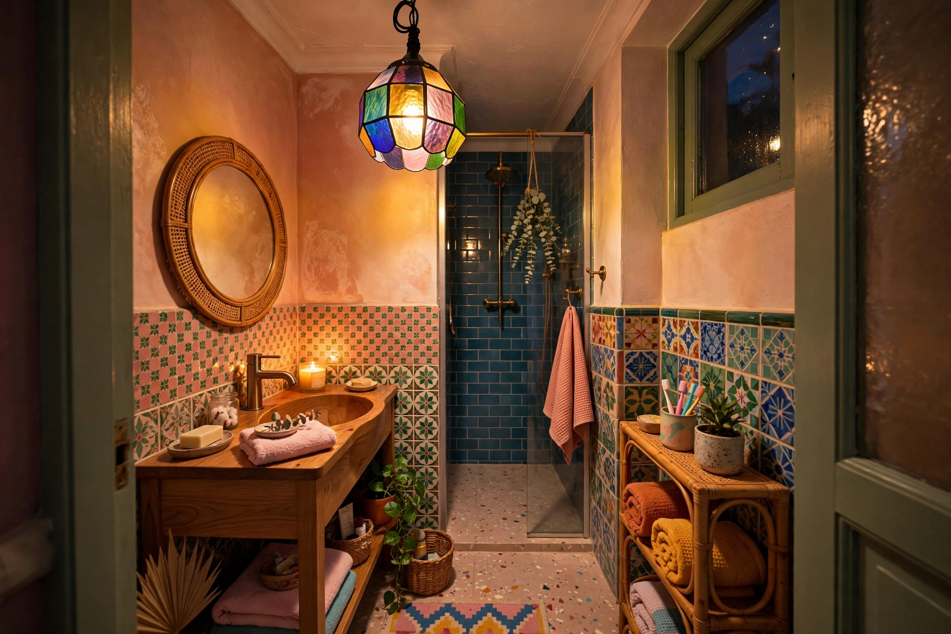 Colorful glass pendant light in small funky bathroom, mood shift