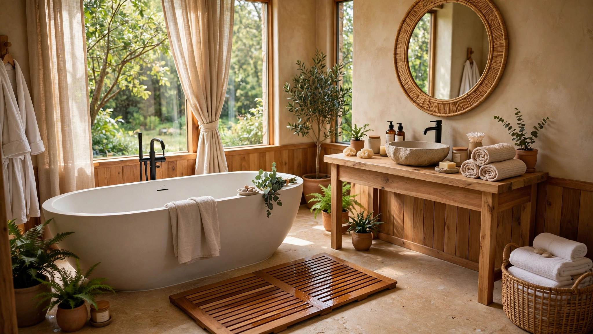 Teak wood bath mat in apartment bathroom, warm natural comfort