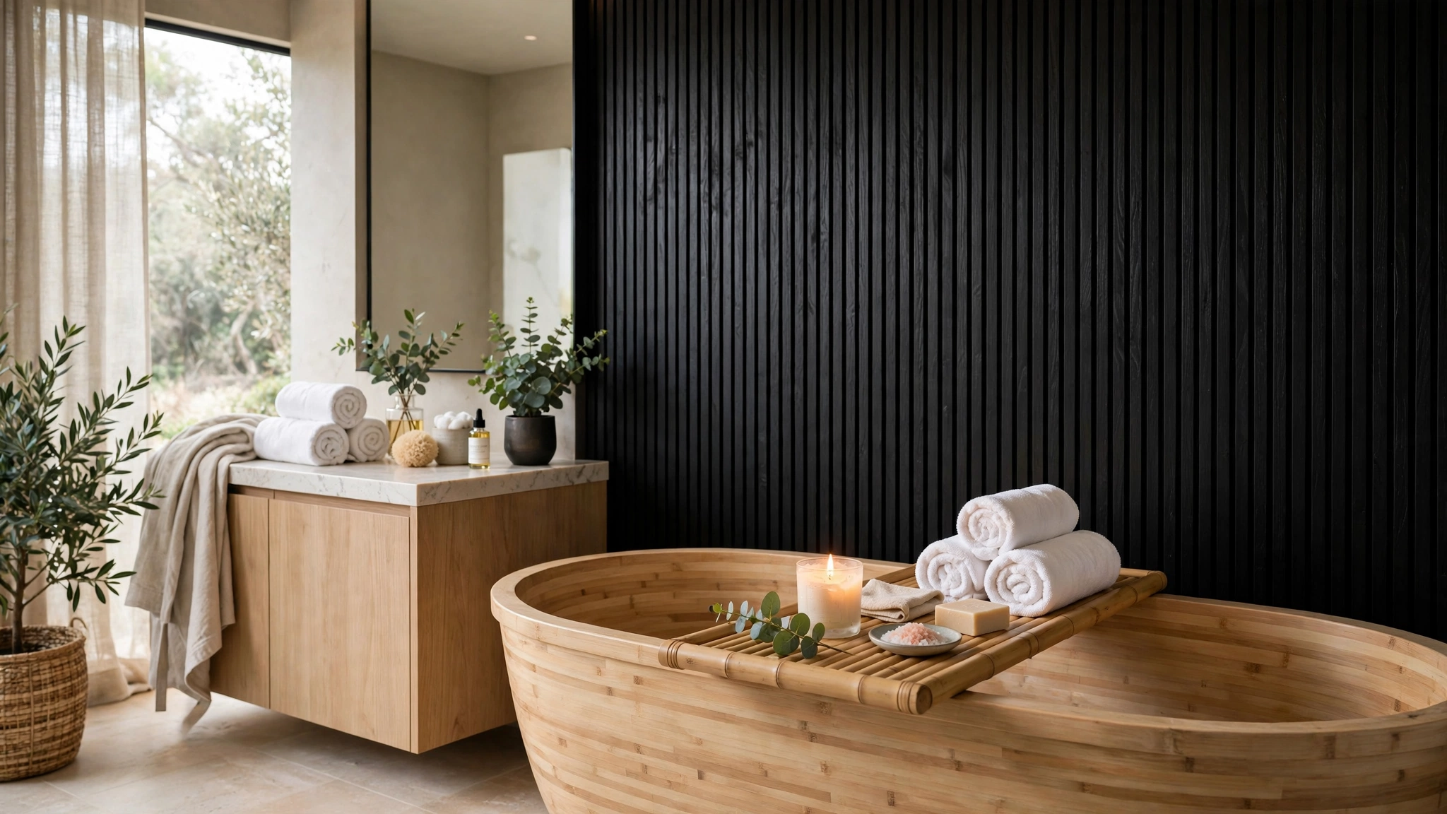 Bamboo bathtub tray caddy with candle and rolled towels, spa feeling