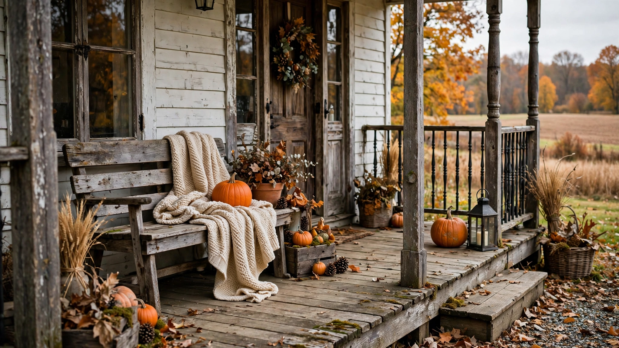 Rustic wooden bench with throw and pumpkin on fall porch