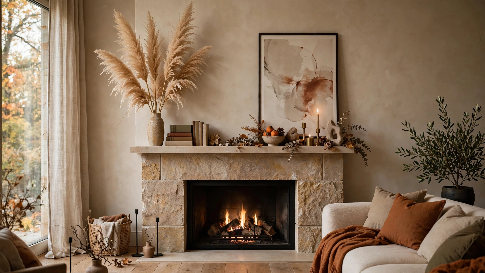 Tall vase of dried pampas grass on one side of fall mantel, asymmetric