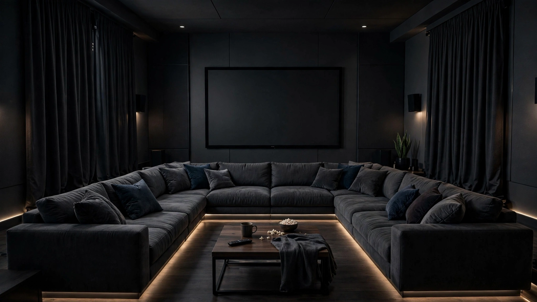 Living room with blackout curtains drawn, theater-like atmosphere