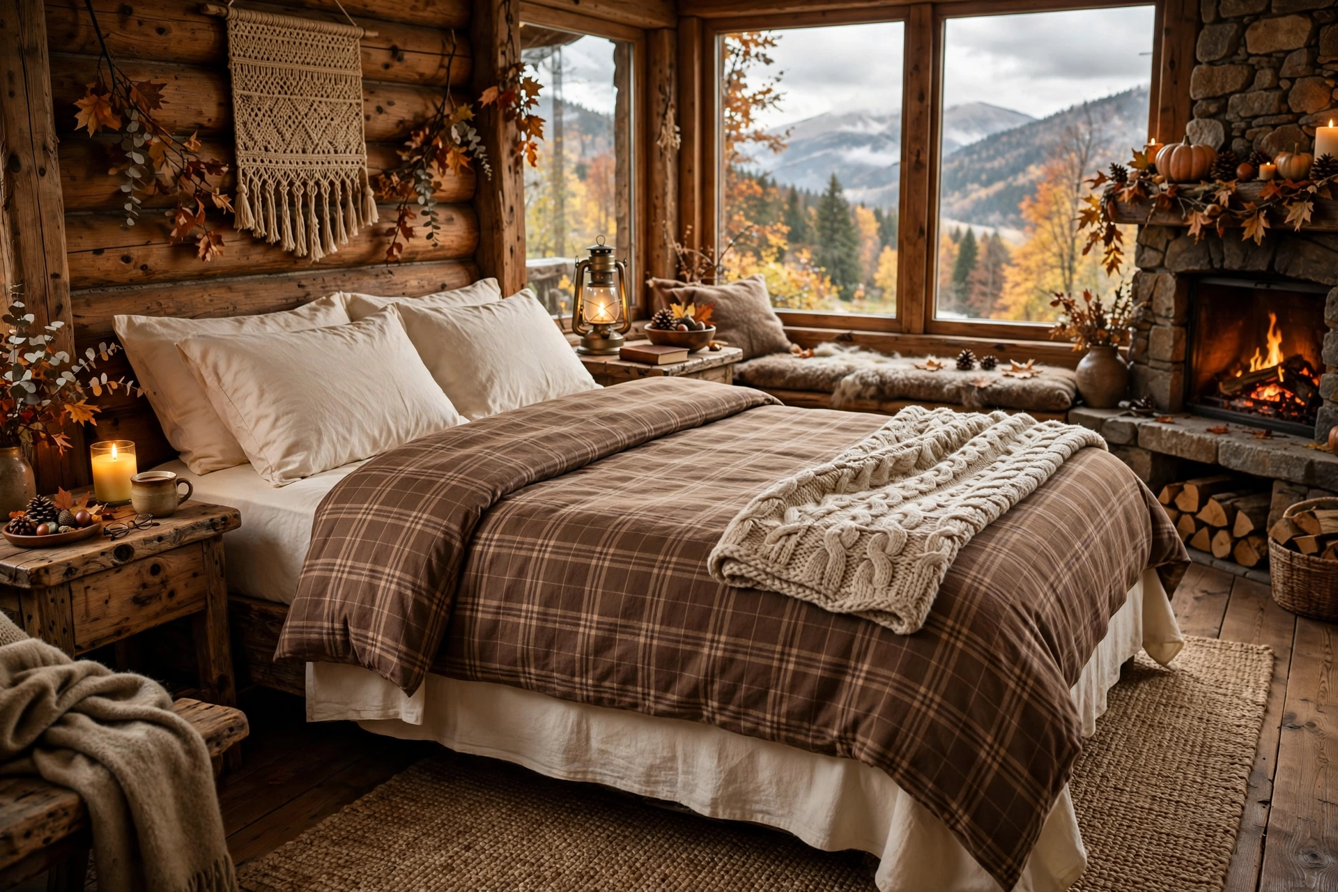Brown plaid duvet over cream sheets with knit throw, lodge bedroom