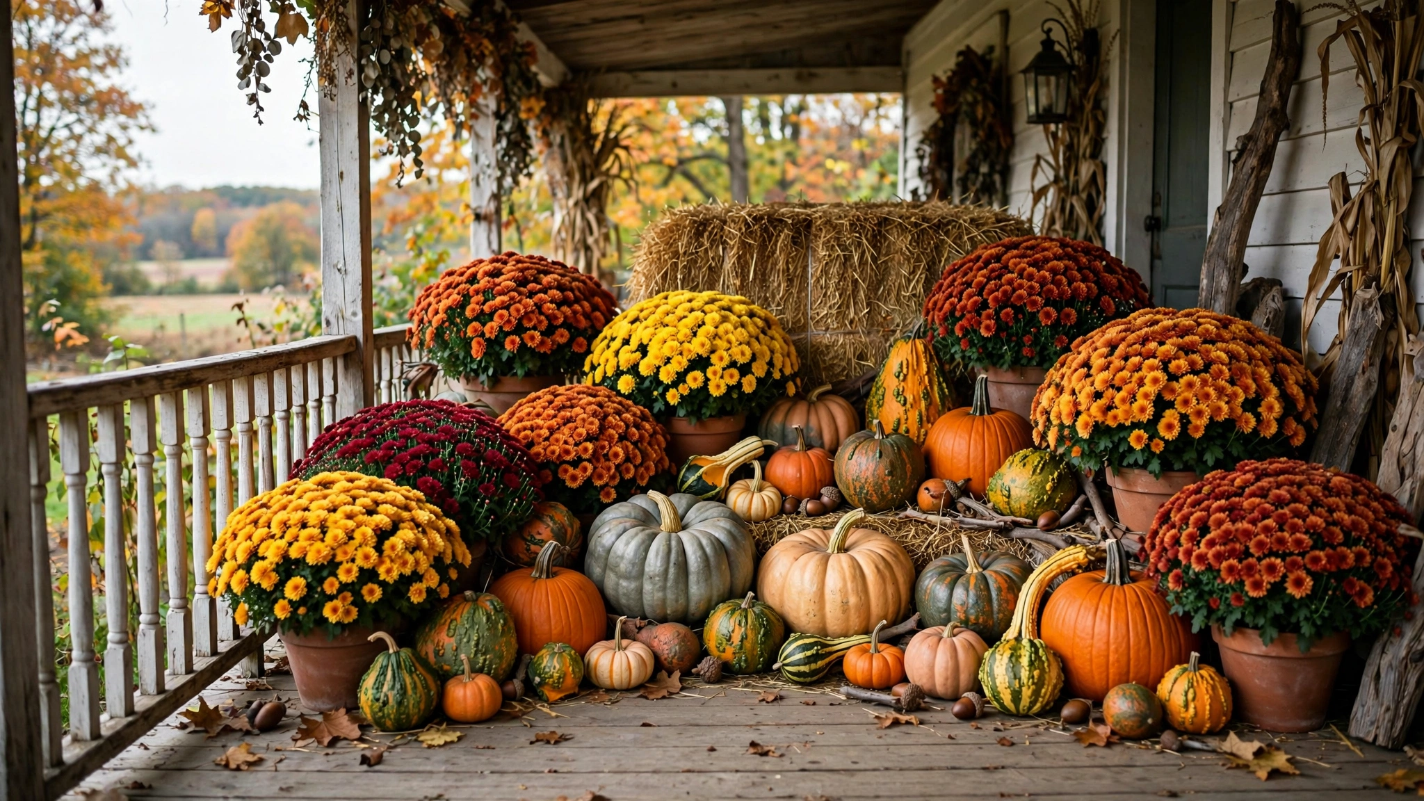 Artificial pumpkins and gourds nestled among fall mum pots, harvest abundance