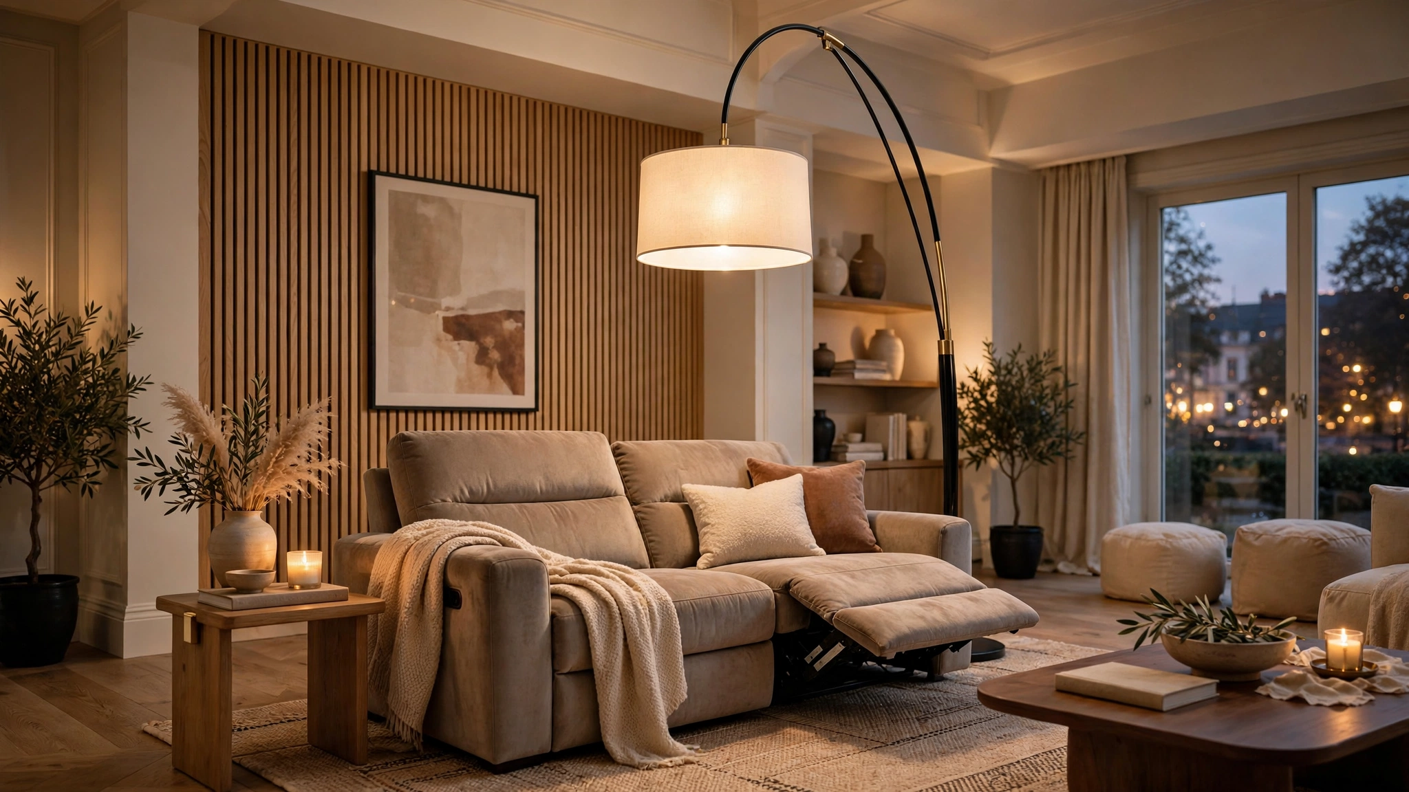 Modern floor lamp drawing eye upward in living room with reclining sofa