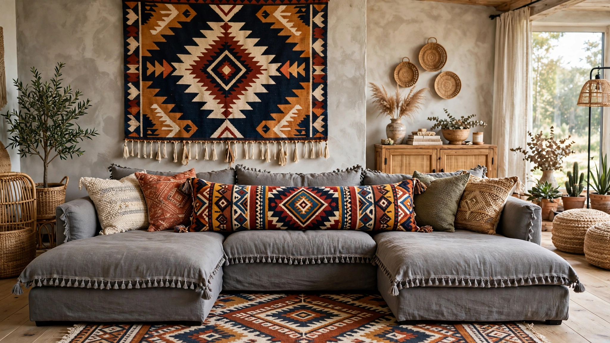 Long lumbar pillow as focal point on grey boho sectional