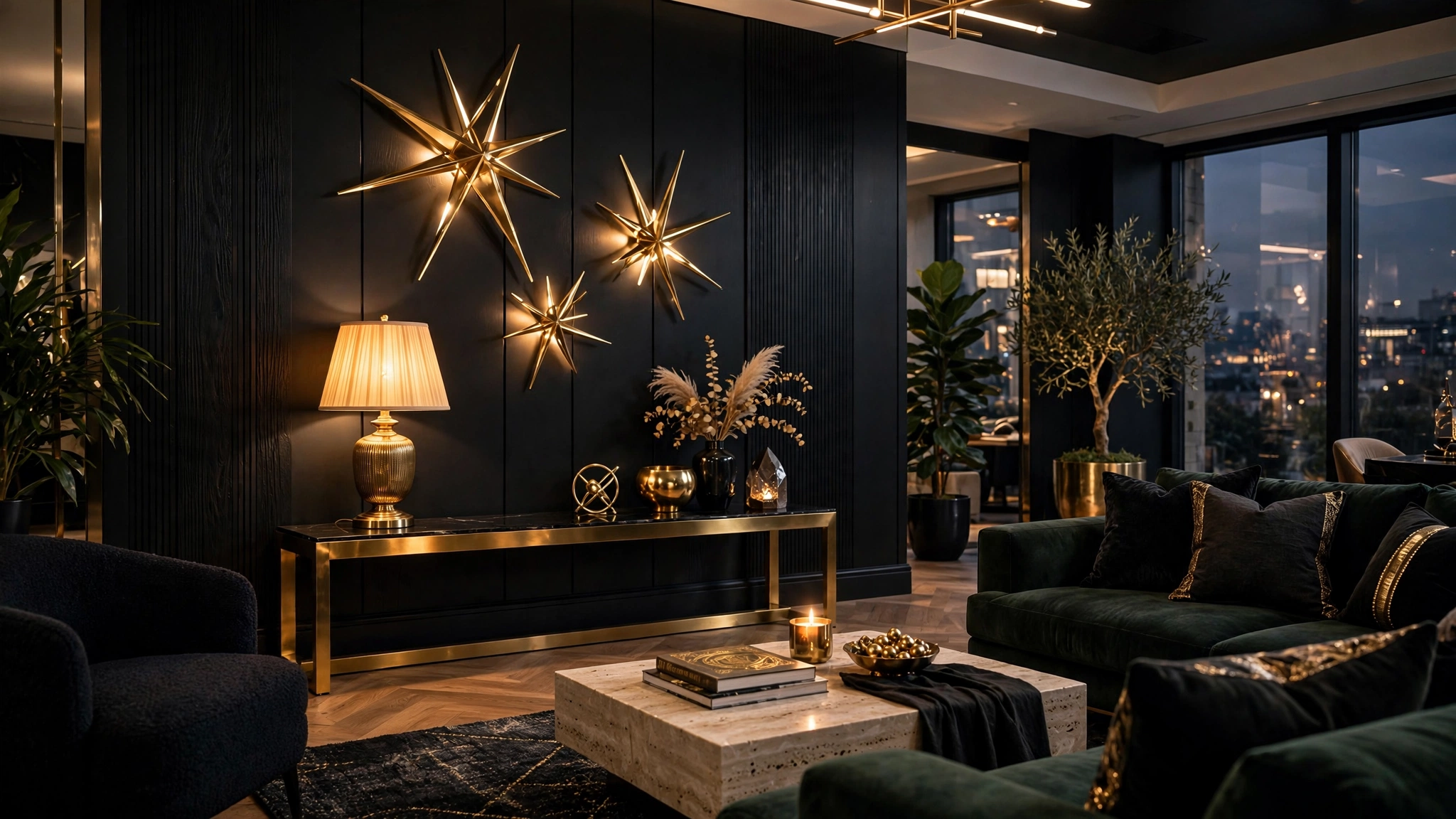 Black accent wall with gold brass lamps and metallic decor, luxury